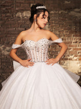 Layla K LK281 Off-White Crystal Embellished Corset Ball Gown Glitter Quinceañera Dress