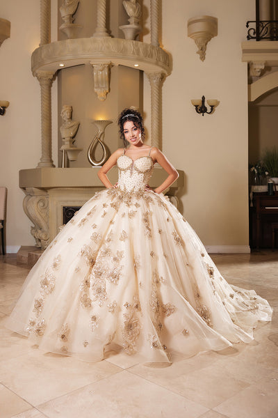 Vestido de quinceañera floral Layla K LK282 con corpiño de corsé con cuentas