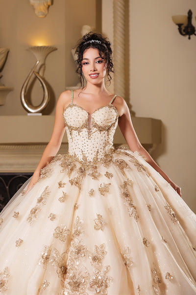 Vestido de quinceañera floral Layla K LK282 con corpiño de corsé con cuentas