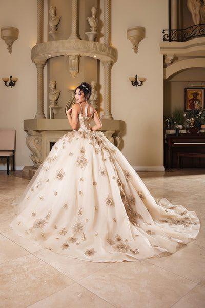 Vestido de quinceañera floral Layla K LK282 con corpiño de corsé con cuentas