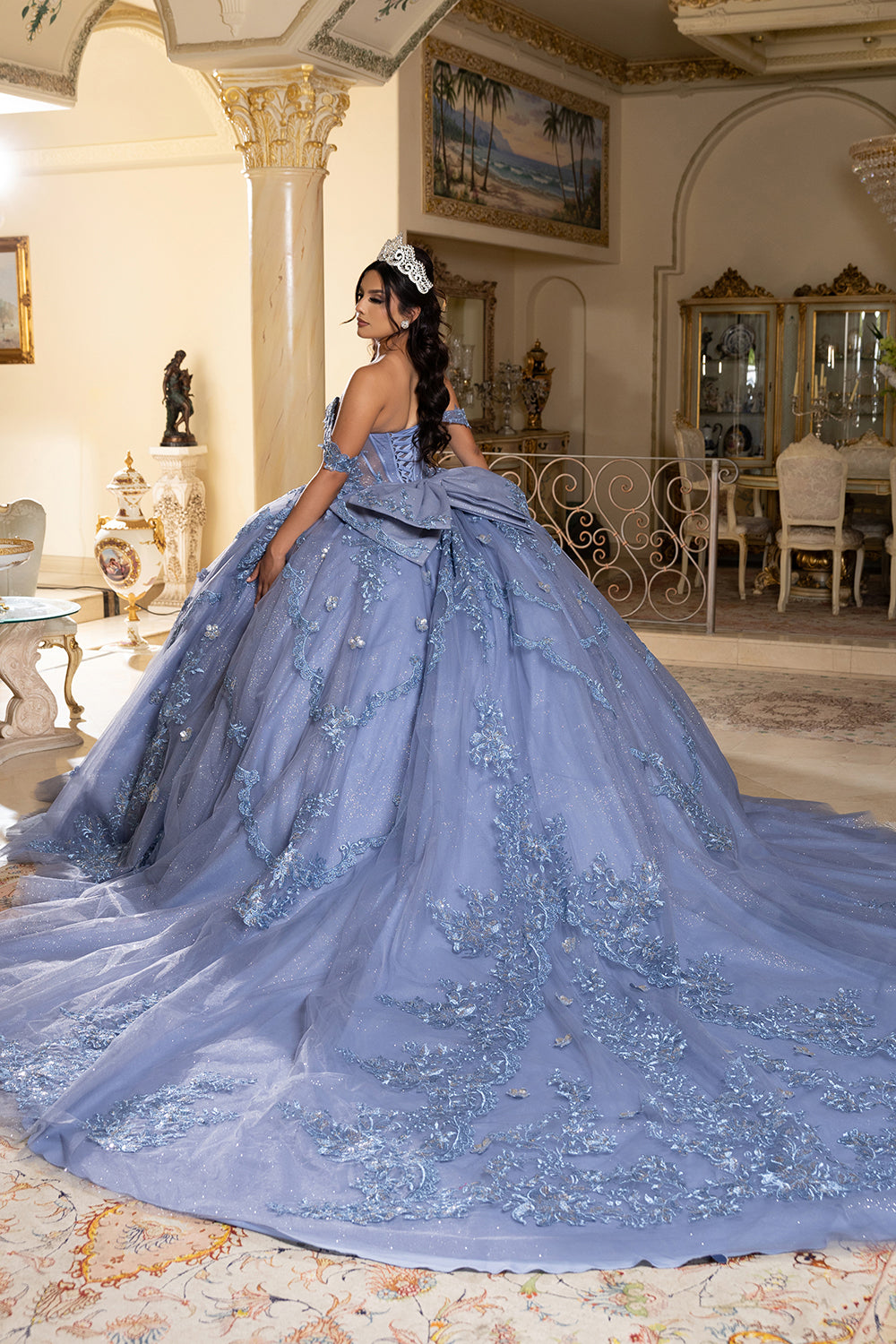 Off-Shoulder Quinceañera Ball Gown with Beaded Lace Appliques and Royal Train by Layla K LK283