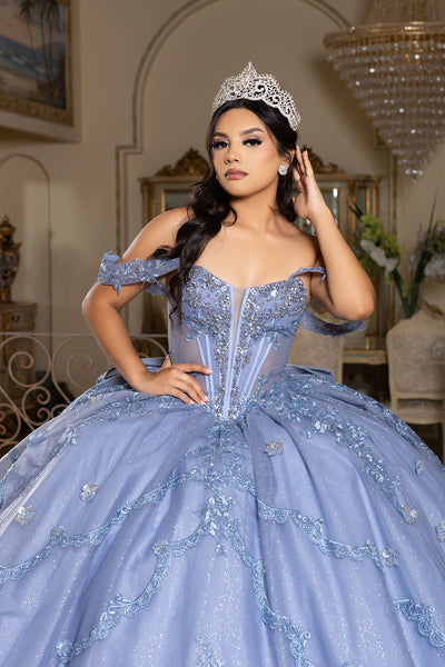 Off-Shoulder Quinceañera Ball Gown with Beaded Lace Appliques and Royal Train by Layla K LK283
