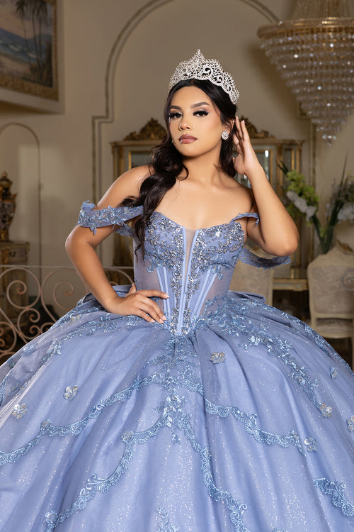 Off-Shoulder Quinceañera Ball Gown with Beaded Lace Appliques and Royal Train by Layla K LK283