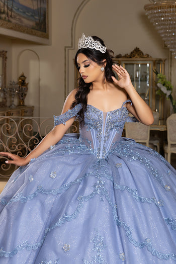 Off-Shoulder Quinceañera Ball Gown with Beaded Lace Appliques and Royal Train by Layla K LK283