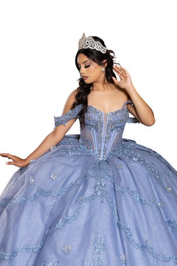 Off-Shoulder Quinceañera Ball Gown with Beaded Lace Appliques and Royal Train by Layla K LK283