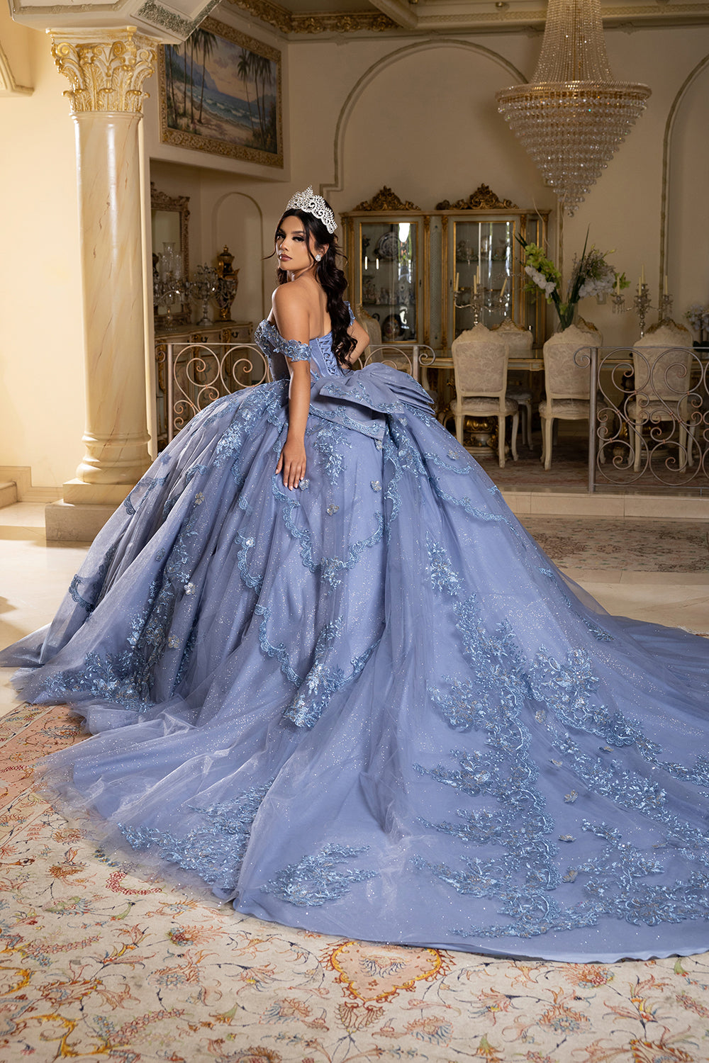 Off-Shoulder Quinceañera Ball Gown with Beaded Lace Appliques and Royal Train by Layla K LK283