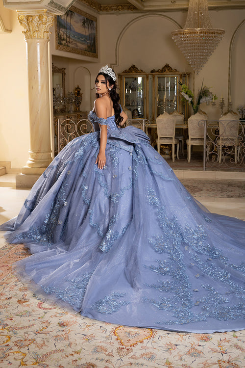 Off-Shoulder Quinceañera Ball Gown with Beaded Lace Appliques and Royal Train by Layla K LK283