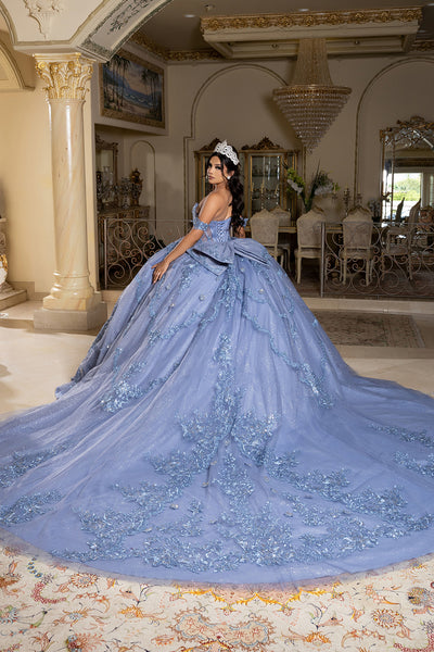 Off-Shoulder Quinceañera Ball Gown with Beaded Lace Appliques and Royal Train by Layla K LK283