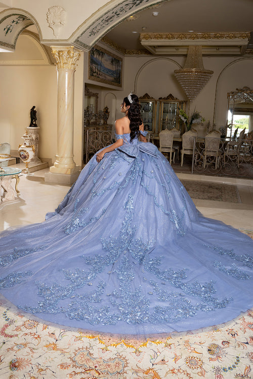 Off-Shoulder Quinceañera Ball Gown with Beaded Lace Appliques and Royal Train by Layla K LK283