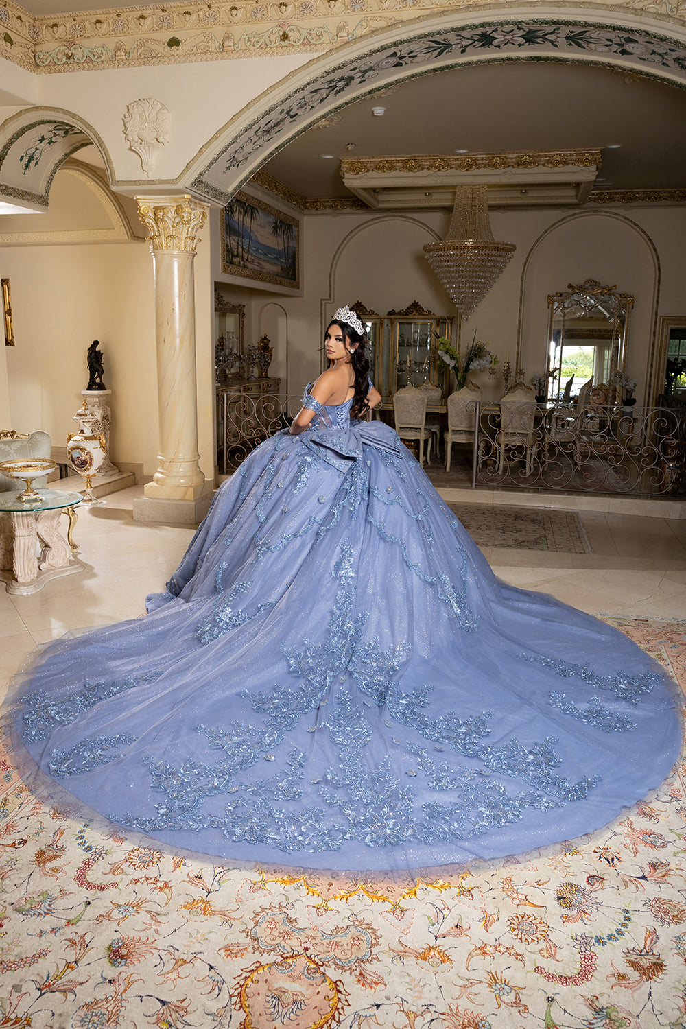 Off-Shoulder Quinceañera Ball Gown with Beaded Lace Appliques and Royal Train by Layla K LK283