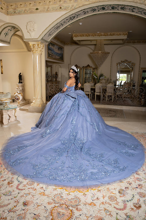 Off-Shoulder Quinceañera Ball Gown with Beaded Lace Appliques and Royal Train by Layla K LK283
