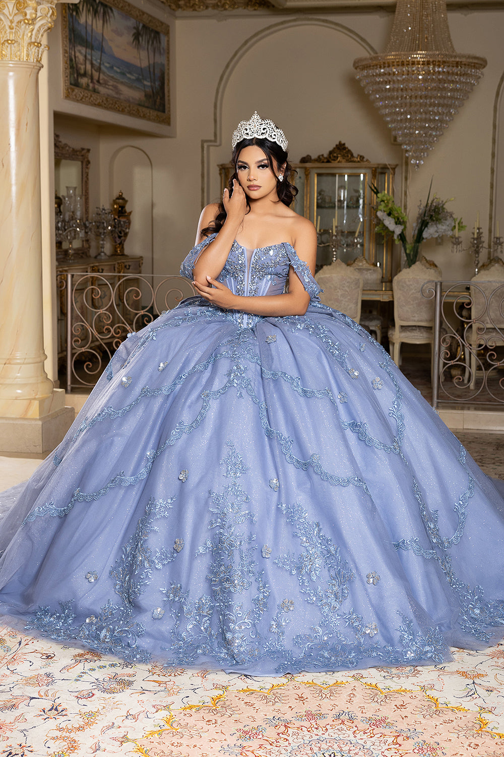 Off-Shoulder Quinceañera Ball Gown with Beaded Lace Appliques and Royal Train by Layla K LK283