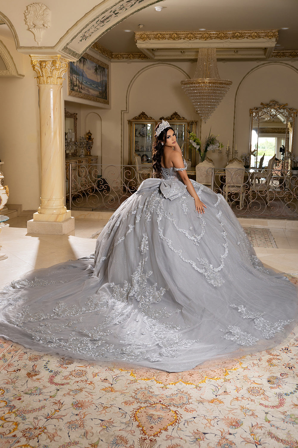 Off-Shoulder Quinceañera Ball Gown with Beaded Lace Appliques and Royal Train by Layla K LK283