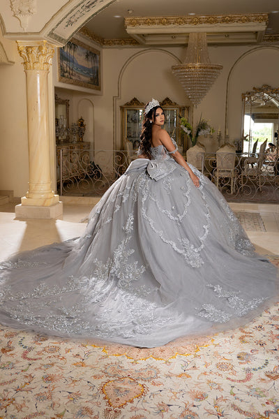 Off-Shoulder Quinceañera Ball Gown with Beaded Lace Appliques and Royal Train by Layla K LK283