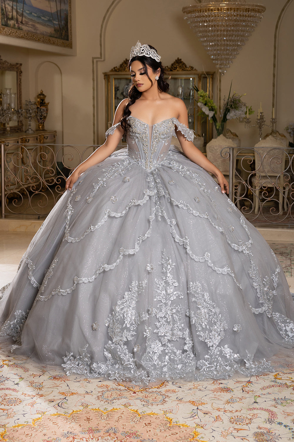 Off-Shoulder Quinceañera Ball Gown with Beaded Lace Appliques and Royal Train by Layla K LK283