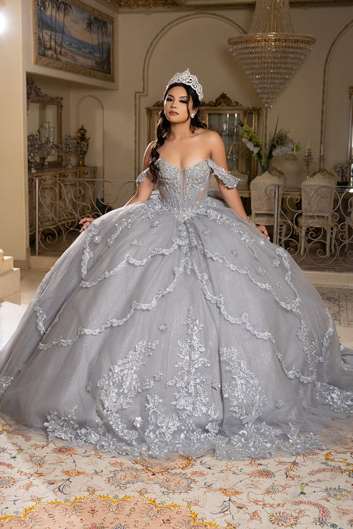 Off-Shoulder Quinceañera Ball Gown with Beaded Lace Appliques and Royal Train by Layla K LK283