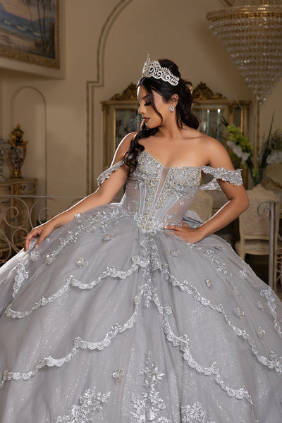 Off-Shoulder Quinceañera Ball Gown with Beaded Lace Appliques and Royal Train by Layla K LK283