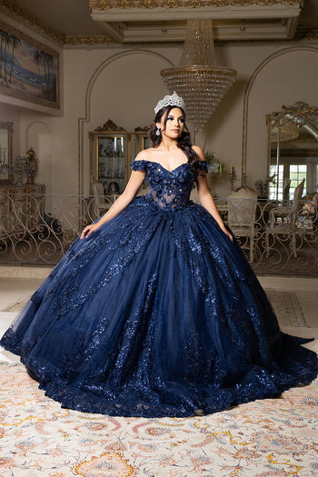 Off the Shoulder Quinceañera Ball Gown with Sequins 3D Floral Lace Sweet 16 Dress by Layla K LK285