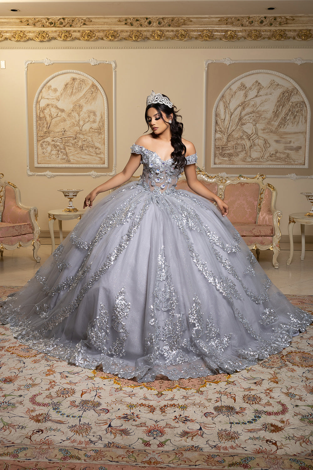 formal sweet 16 dresses Off the Shoulder Quinceañera Ball Gown with Sequins 3D Floral Lace Dress by Layla K LK285 Summer 2023