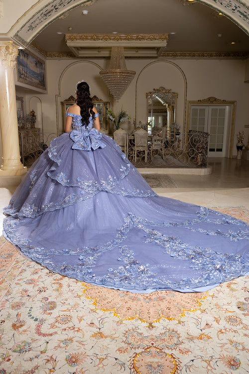 Luxurious Off The Shoulder Quinceañera Ball Gown with 3D Floral Appliqués Glitter Tulle Skirt by Layla K LK286