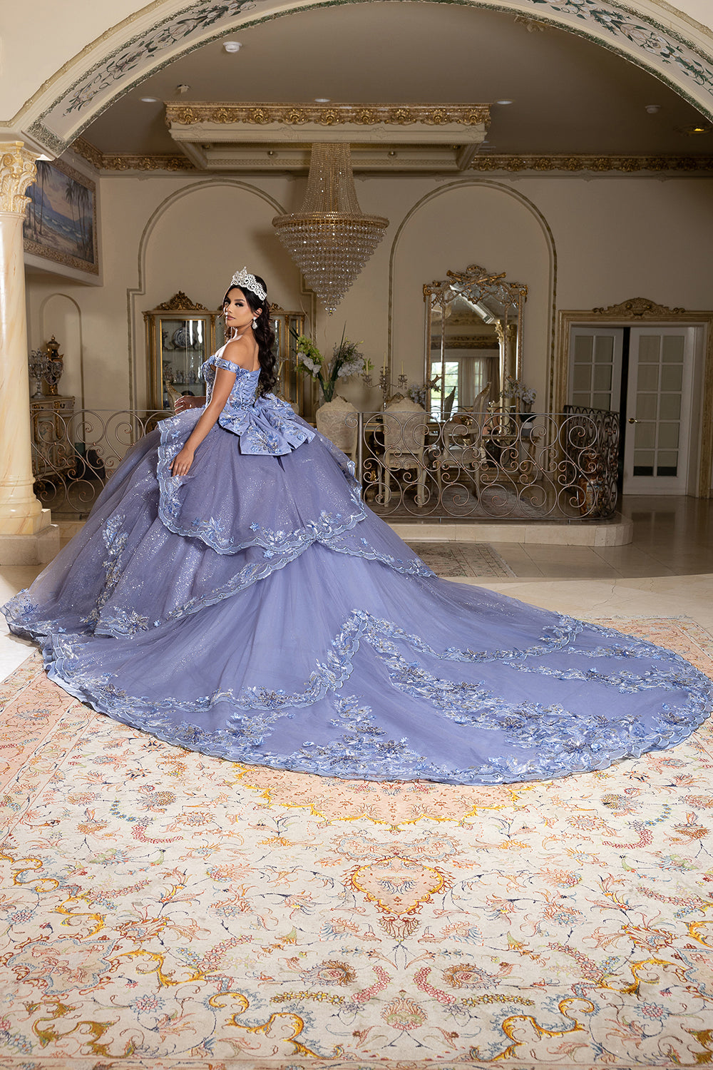 Luxurious Off The Shoulder Quinceañera Ball Gown with 3D Floral Appliqués Glitter Tulle Skirt by Layla K LK286