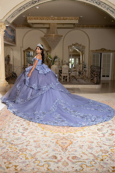 Luxurious Off The Shoulder Quinceañera Ball Gown with 3D Floral Appliqués Glitter Tulle Skirt by Layla K LK286