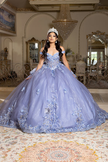 Luxurious Off The Shoulder Quinceañera Ball Gown with 3D Floral Appliqués Glitter Tulle Skirt by Layla K LK286