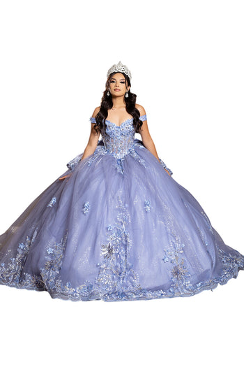 Luxurious Off The Shoulder Quinceañera Ball Gown with 3D Floral Appliqués Glitter Tulle Skirt by Layla K LK286