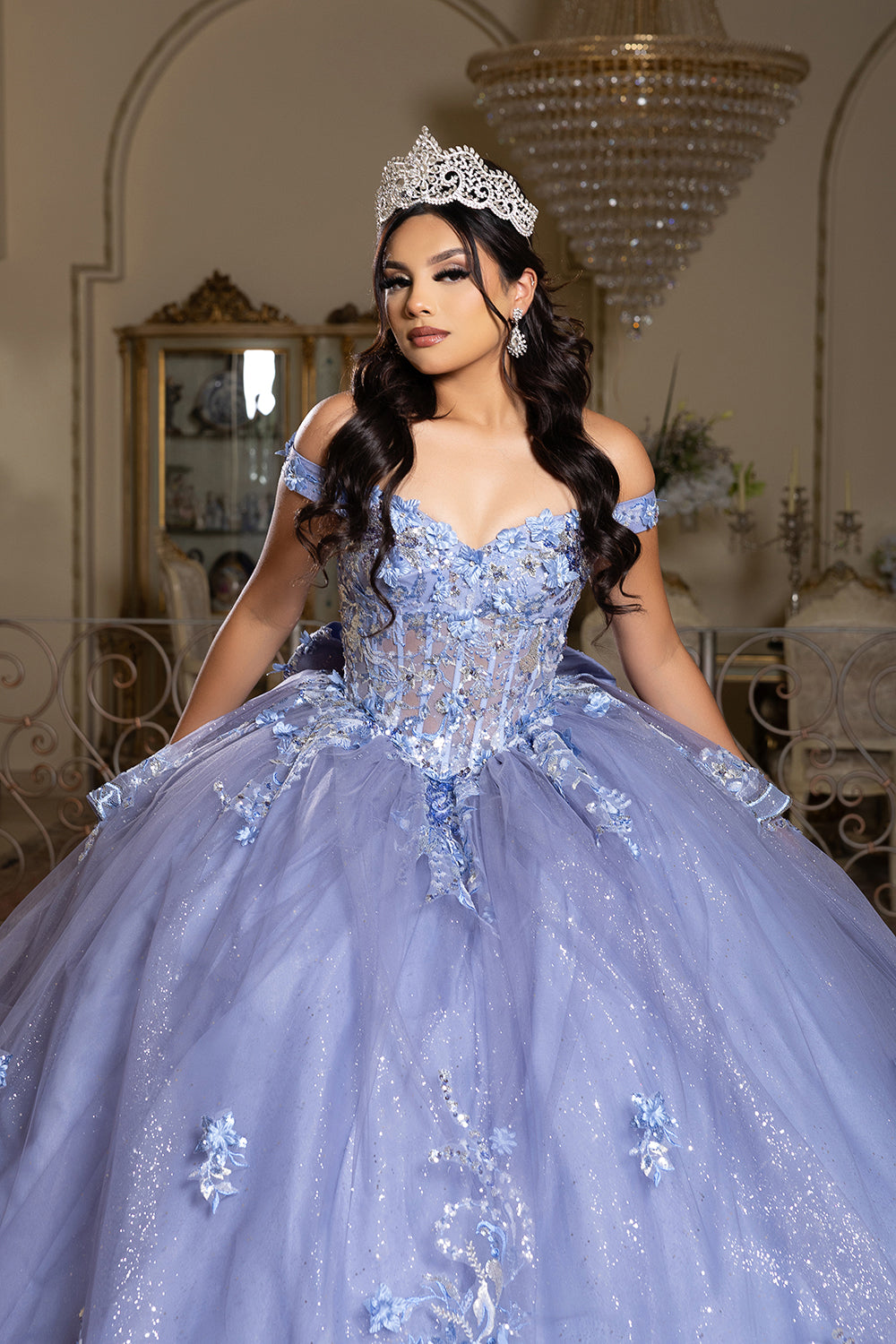 Luxurious Off The Shoulder Quinceañera Ball Gown with 3D Floral Appliqués Glitter Tulle Skirt by Layla K LK286