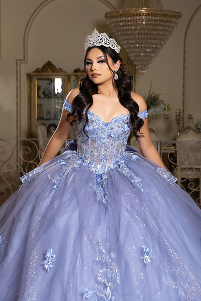 Luxurious Off The Shoulder Quinceañera Ball Gown with 3D Floral Appliqués Glitter Tulle Skirt by Layla K LK286