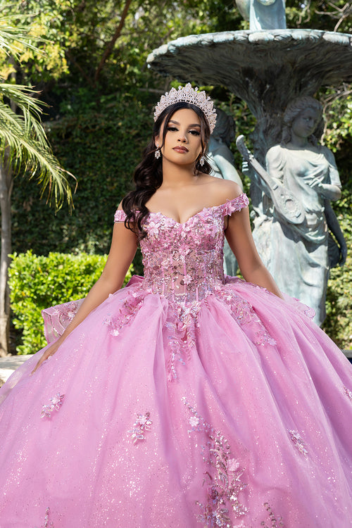 Luxurious Off The Shoulder Quinceañera Ball Gown with 3D Floral Appliqués Glitter Tulle Skirt by Layla K LK286