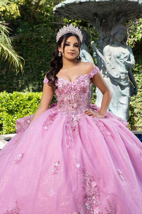 Luxurious Off The Shoulder Quinceañera Ball Gown with 3D Floral Appliqués Glitter Tulle Skirt by Layla K LK286