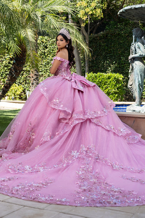 Luxurious Off The Shoulder Quinceañera Ball Gown with 3D Floral Appliqués Glitter Tulle Skirt by Layla K LK286