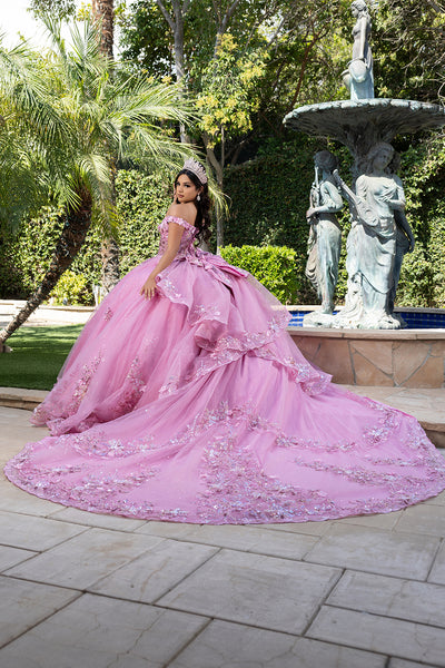Luxurious Off The Shoulder Quinceañera Ball Gown with 3D Floral Appliqués Glitter Tulle Skirt by Layla K LK286