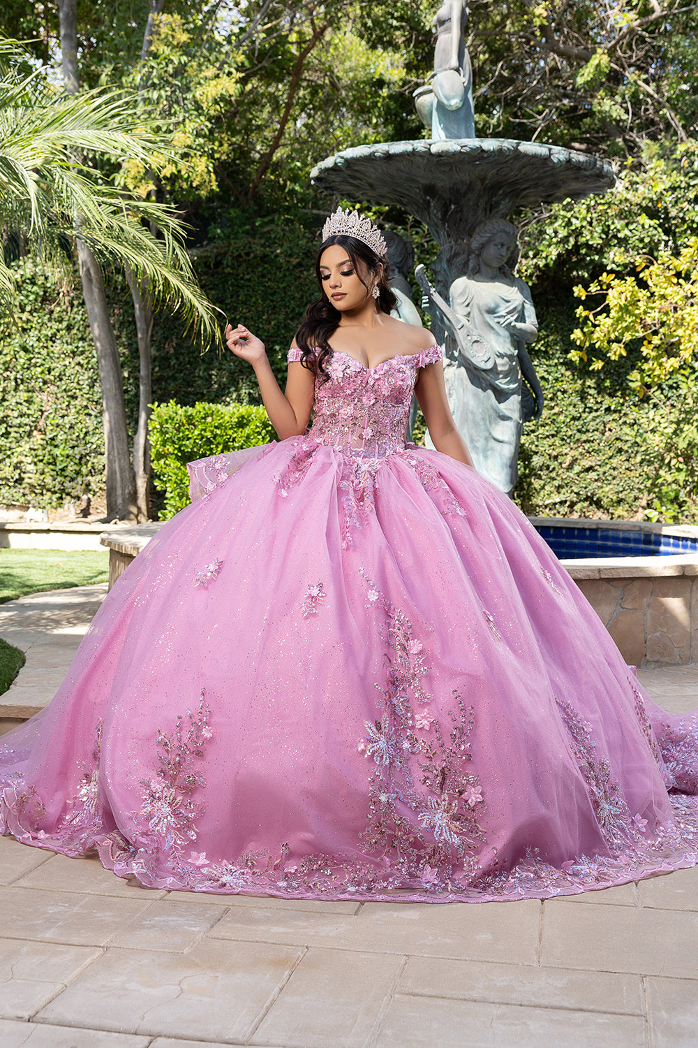 Luxurious Off The Shoulder Quinceañera Ball Gown with 3D Floral Appliqués Glitter Tulle Skirt by Layla K LK286