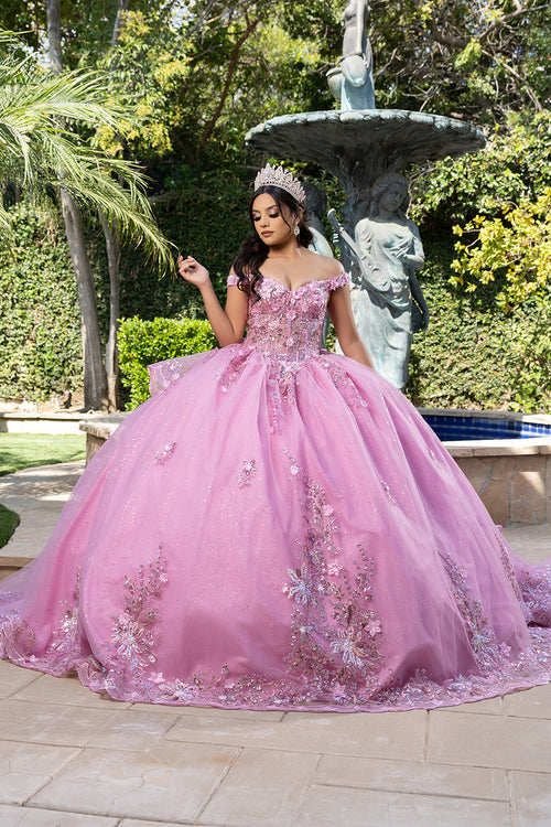 Luxurious Off The Shoulder Quinceañera Ball Gown with 3D Floral Appliqués Glitter Tulle Skirt by Layla K LK286