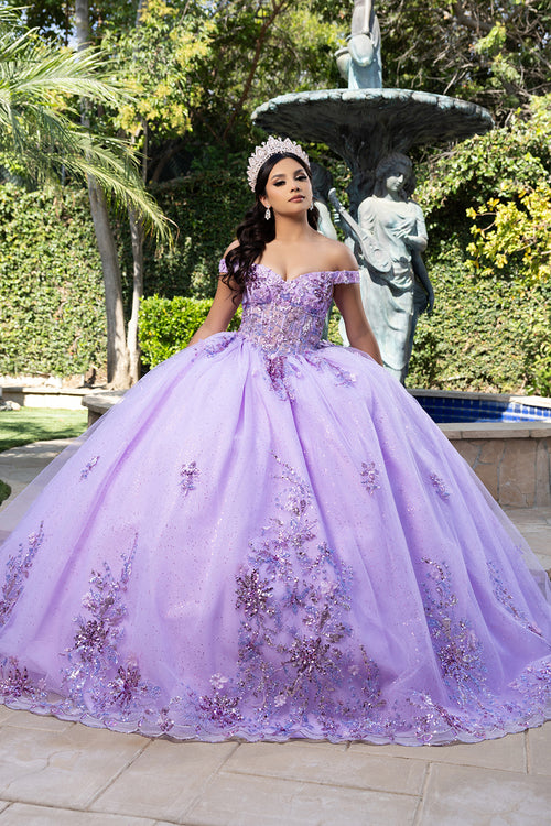Luxurious Off The Shoulder Quinceañera Ball Gown with 3D Floral Appliqués Glitter Tulle Skirt by Layla K LK286