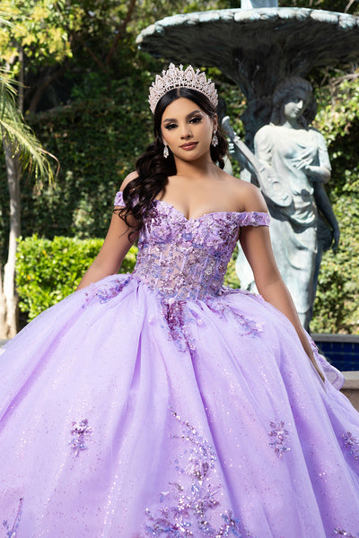 Luxurious Off The Shoulder Quinceañera Ball Gown with 3D Floral Appliqués Glitter Tulle Skirt by Layla K LK286