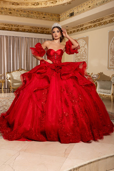 Quinceañera Ball Gown with Corset Bodice 3D Lace Appliqués & Detachable Train By Layla K LK289