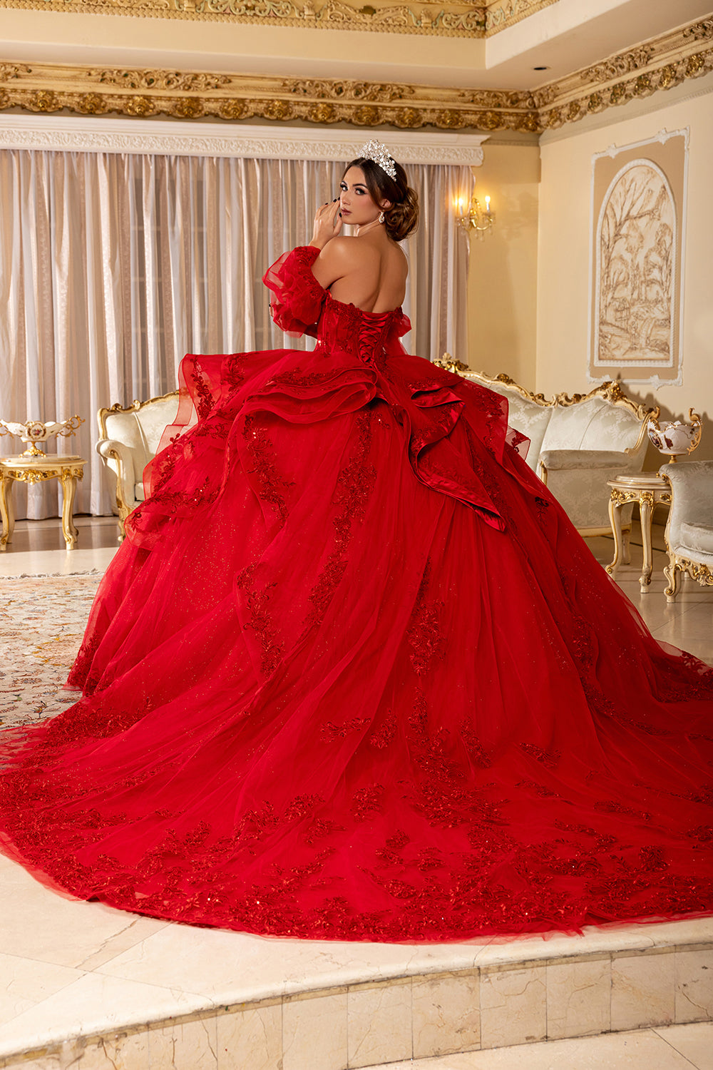 Quinceañera Ball Gown with Corset Bodice 3D Lace Appliqués & Detachable Train By Layla K LK289