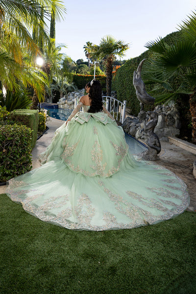 Corset Quinceañera Dress with Detachable Gloves Glitter Tulle Skirt & Embroidery By Layla K LK291