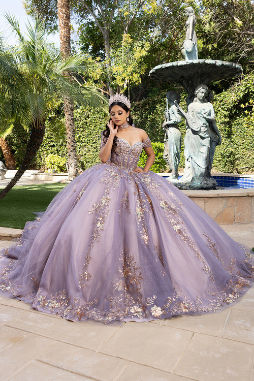 Quinceañera Ball Gown Off Shoulder Glitter Tulle Dress with 3D Floral Appliqués Long Train by Layla K LK292