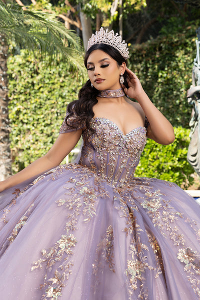 Quinceañera Ball Gown Off Shoulder Glitter Tulle Dress with 3D Floral Appliqués Long Train by Layla K LK292