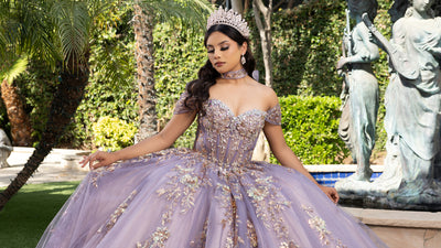 Quinceañera Ball Gown Off Shoulder Glitter Tulle Dress with 3D Floral Appliqués Long Train by Layla K LK292