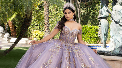 Quinceañera Ball Gown Off Shoulder Glitter Tulle Dress with 3D Floral Appliqués Long Train by Layla K LK292