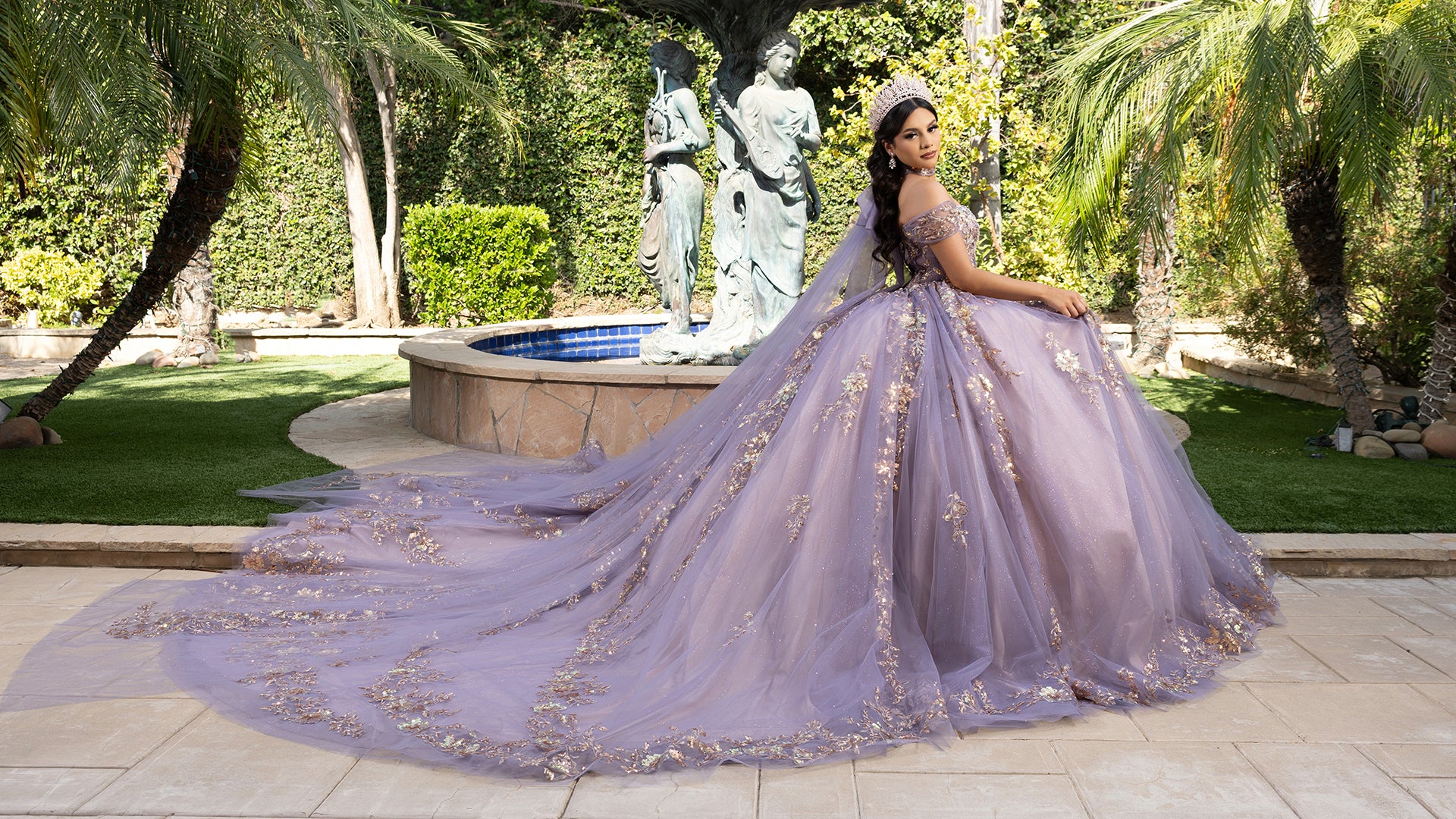 Quinceañera Ball Gown Off Shoulder Glitter Tulle Dress with 3D Floral Appliqués Long Train by Layla K LK292