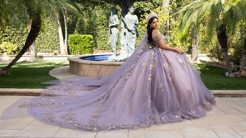 Quinceañera Ball Gown Off Shoulder Glitter Tulle Dress with 3D Floral Appliqués Long Train by Layla K LK292