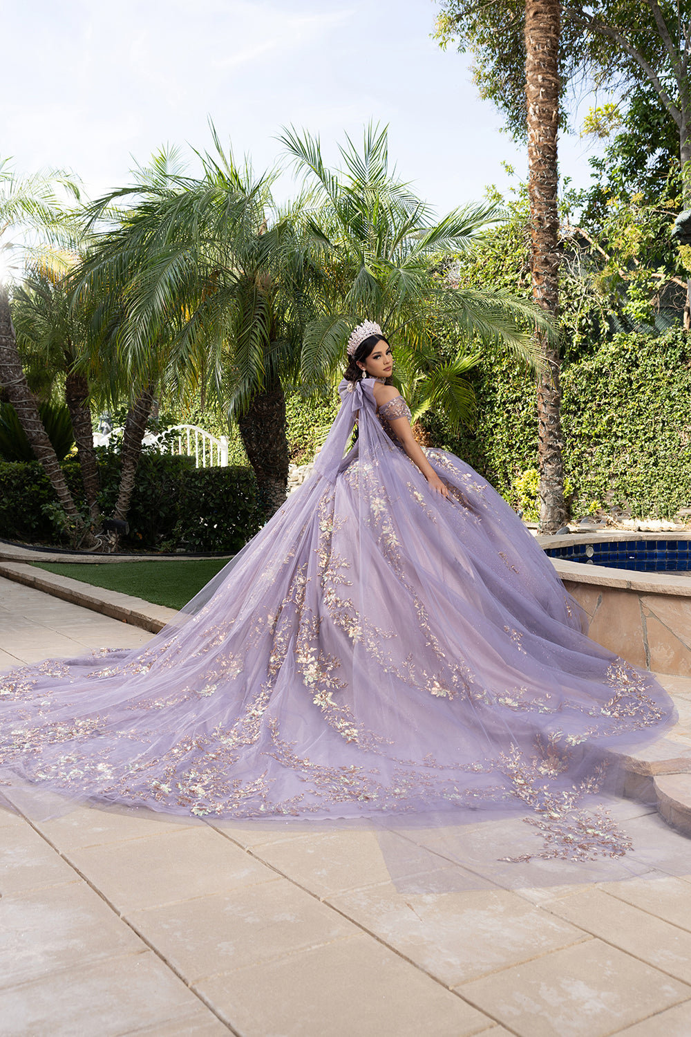 Quinceañera Ball Gown Off Shoulder Glitter Tulle Dress with 3D Floral Appliqués Long Train by Layla K LK292