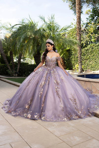 Quinceañera Ball Gown Off Shoulder Glitter Tulle Dress with 3D Floral Appliqués Long Train by Layla K LK292