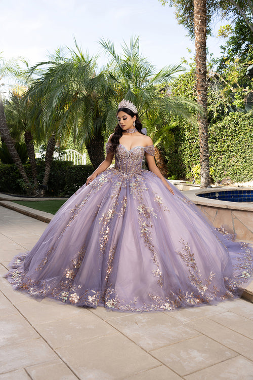 Quinceañera Ball Gown Off Shoulder Glitter Tulle Dress with 3D Floral Appliqués Long Train by Layla K LK292
